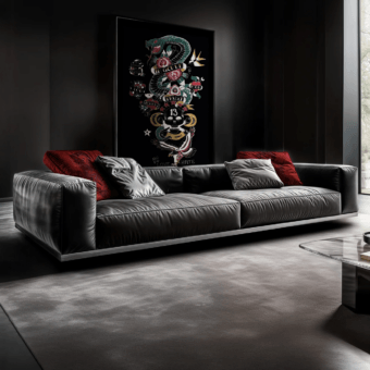 Sophisticated JR Home by John Richmond sofa in dark grey fabric featuring structural metal base and black matt feet