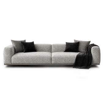 Exquisite JR Home by John Richmond sofa in light grey flecked fabric featuring nickel black antique lacquer base
