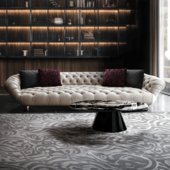 Luxury Damiano JR-089 sofa in light beige fabric with capitonné tufting and nickel black antique metal stud leg finishes