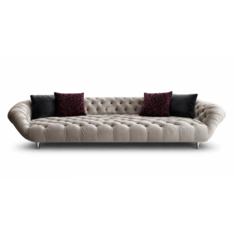 Luxury Damiano JR-089 sofa in light neutral fabric with deep capitonné tufting and Nickel Black Antique JR Studs legs