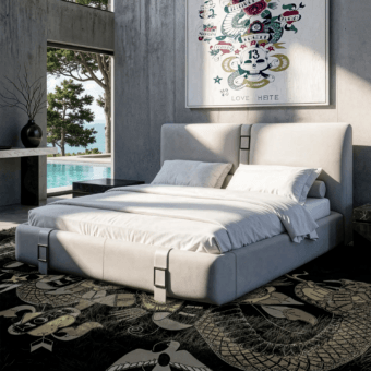 Sophisticated JR Home by John Richmond bed in off-white fabric with leather belts and nickel black antique metal buckles
