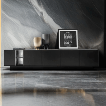 Luxury JR Home Duff JR-217 sideboard in black ash wood with leather panels and antique nickel orchid tattoo steel niche