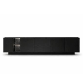 Luxury JR Home by John Richmond Duff JR-217 sideboard in black ash wood veneer and leather with antique nickel display…