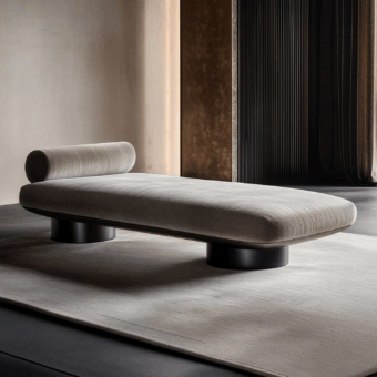 Luxury Ethan JR-125 chaise lounge in light gray textured fabric with integrated bolster plus Nero Titanio lacquered bases
