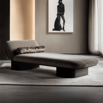 Sophisticated JR Home John Richmond Grace JR-124 chaise lounge in textured grey-taupe textile featuring Nero Titanio matt finish