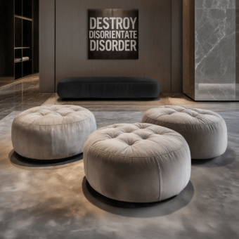 Sophisticated JR Home by John Richmond Hillel JR-132 ottoman in light taupe velvet-like fabric with button-tufted top and black matt…