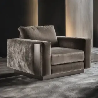 Refined JR Home by John Richmond lounge chair in grayish brown fabric with nickel black antique metal accents