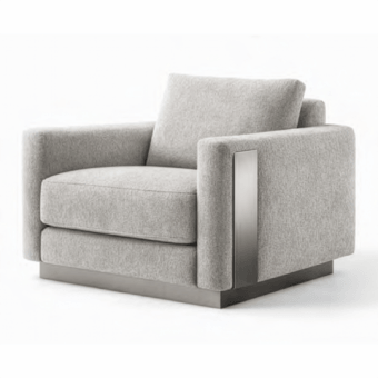Luxury Jimi JR-094 lounge chair in light grey textile upholstery with architectural Nickel Black Antique metallic panels