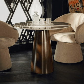 Luxury JR Home Kate JR Bistrot Table featuring polished natural quarried marble top and flared central pedestal base in Nickel…