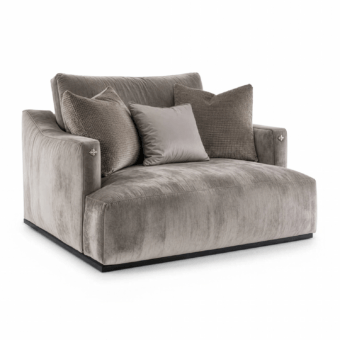 Elegant Liam JR-731 lounge chair in warm grey textured fabric with Nickel Black Antique JR Star accents on matt base