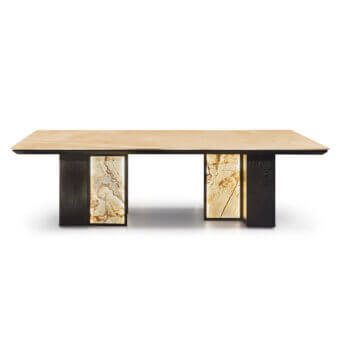 Exquisite JR Home by John Richmond table featuring a light beige natural marble top and ash black veneer bases