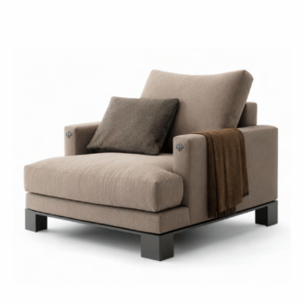 Exquisite JR Home by John Richmond Noel JR-726 lounge chair in grayish-brown taupe fabric with Nickel Black Antique metal insert