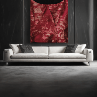 Luxury Ozzy JR-087 sofa in matte white textile with Nickel Black Antique sculptural studs and signature snake armrest emblems