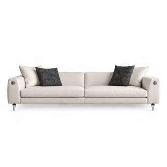 Luxury JR Home Ozzy sofa in off white fabric featuring nickel black antique finish legs and metal snake insert