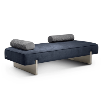 Luxury JR Home Ringo JR-122 bench in plush dark blue fabric with grey patterned bolsters plus Nickel Black Antique base