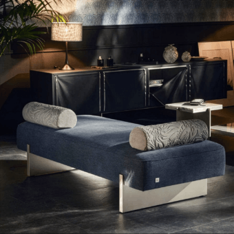 Elegant JR Home Ringo JR-122 bench in textured matte dark blue fabric with beige patterned bolsters and light satin base