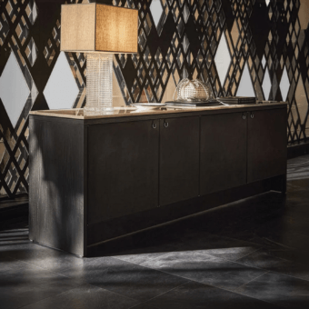 Sophisticated JR Home by John Richmond sideboard featuring natural marble top over black ash wood veneer and leather doors