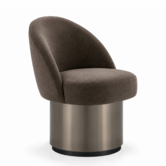 Luxury Samantha JR-211 chair in dark brown textured matte textile with cylindrical Nickel Bronze and black metal pedestal
