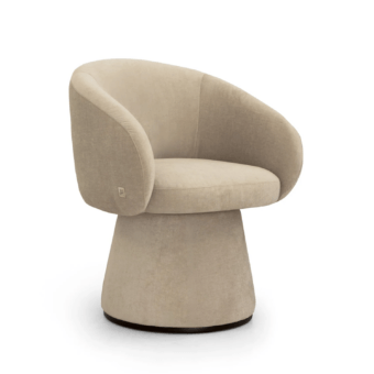 Luxury Siouxsie JR-793 armchair by JR Home in light beige fabric with barrel seat and Nickel Bronze Matt conical base
