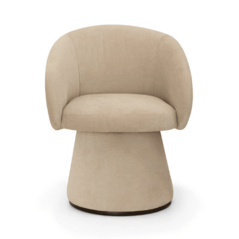 Exquisite JR Home by John Richmond armchair featuring curved barrel backrest, light beige fabric, and nickel bronze matt pedestal base