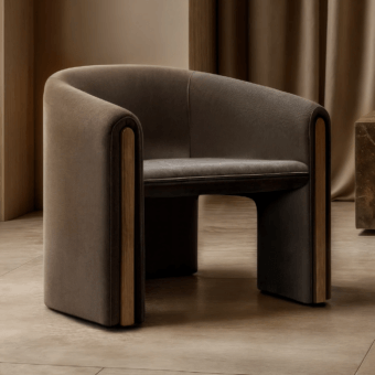 Sophisticated JR Home by John Richmond Terence JR-790 armchair in textured taupe fabric with solid wood vertical inserts
