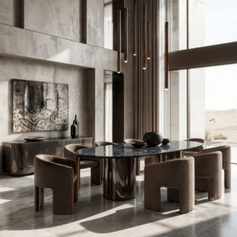 Elegant JR Home by John Richmond Terence JR-790 armchair in taupe textile with barrel backrest and solid wood inserts