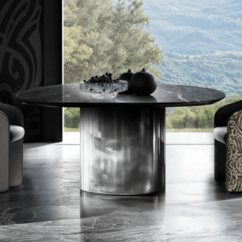 Luxury William JR-156 table with circular natural quarried marble top and high-gloss metallic Nickel Black Antique base