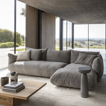 Luxury Mogg Alba sectional sofa in a plush voluminous modular design with textured medium-grey matte finish textile