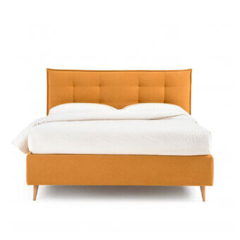 Luxury Noctis Bob Capitonné bed in mustard yellow textile with geometric tufted pattern finish and smooth wooden legs