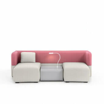Luxury Noctis sofa in cream matte textile with light gray central console plus wrap-around pink backrest Italian modular