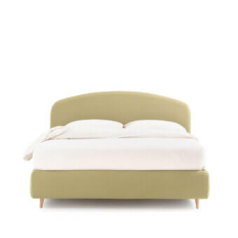 Sophisticated Noctis Jazz bed with soft textile upholstery geometric frame pale muted green matte finish and light wood legs