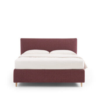 Elegant Noctis Manuel bed in plum textile featuring angular headboard and wooden feet with matte finish