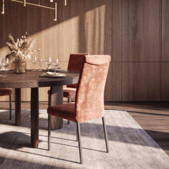 Luxury Ozzio Italia dining chair in terracotta textured textile with curved backrest and slender dark matte metal legs