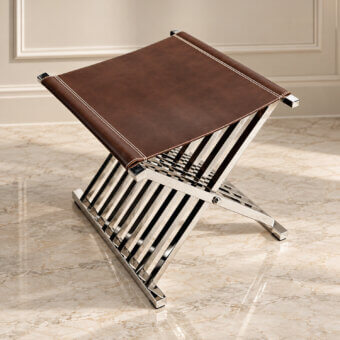 Elegant Selezioni Domus Cross stool featuring dark brown leather seat and polished metal structure