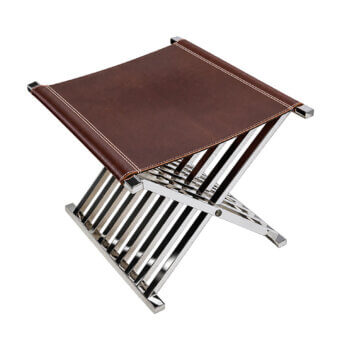 Luxury Selezioni Domus Cross stool in brown leather with white contrast stitching plus polished metal X-frame structure