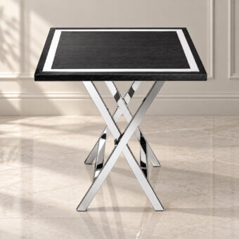 Luxury Selezioni Domus X-File side table with dark wood textured grain, white inlaid border, polished metal X supports