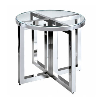 Sophisticated Selezioni Domus Incrocio side table featuring circular glass top on polished metallic silver structure