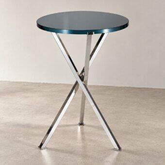 Luxury Selezioni Domus Shanghai side table with circular smoky blue gray glass top and reflective high gloss chrome base