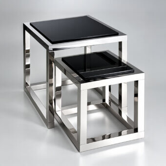 Luxury Selezioni Domus Dado coffee table nesting set in opaque black glass with reflective silver polished metal frame