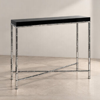 Sophisticated Selezioni Domus Bamboo console with glossy black top and polished silver metal frame