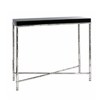 Sophisticated Selezioni Domus console featuring thick wooden top in glossy black finish upon polished metal structure