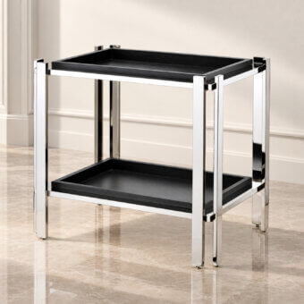 Luxury Selezioni Domus Plateau side table with structured silver polished metal supports and dark matte black tray shelves