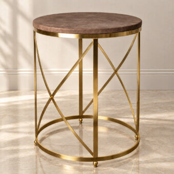 Luxury Selezioni Domus Tondo side table with circular taupe leather top and slim polished gold tone metal geometric base