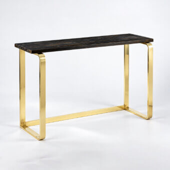 Luxury Selezioni Domus Angoli Tondi console with stone top in charcoal brown mottling and polished brass metal structure