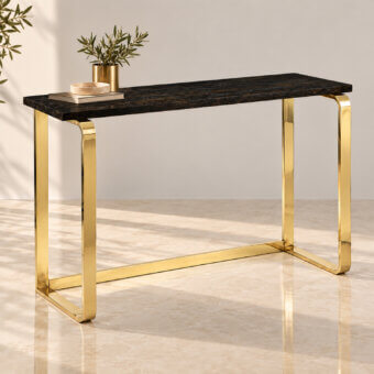 Sophisticated Selezioni Domus Angoli Tondi console with dark stone top and brass base