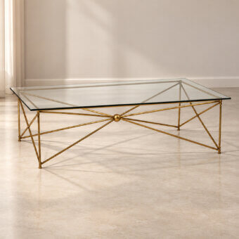Luxury Selezioni Domus Filo coffee table with rectangular glass top and gold-tone metal framework having spherical detail