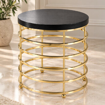 Luxury Selezioni Domus stool with solid dark wood top and cylindrical gold-tone metal base in a polished finish