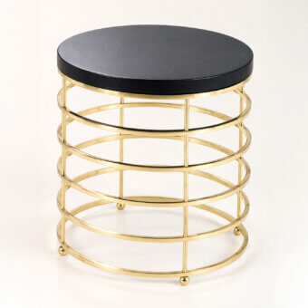 Luxury Selezioni Domus Contemporary Circle Stool with matte black seat atop a sculptural cage base in polished gold metal