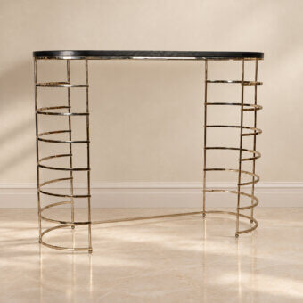 Sophisticated Selezioni Domus Contemporary Circle Console featuring dark stone-composite top and glossy golden metal structure