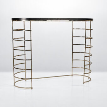 Luxury Selezioni Domus Circle Console with dark matte top plus shimmering metallic gold base of repeating circular parts
